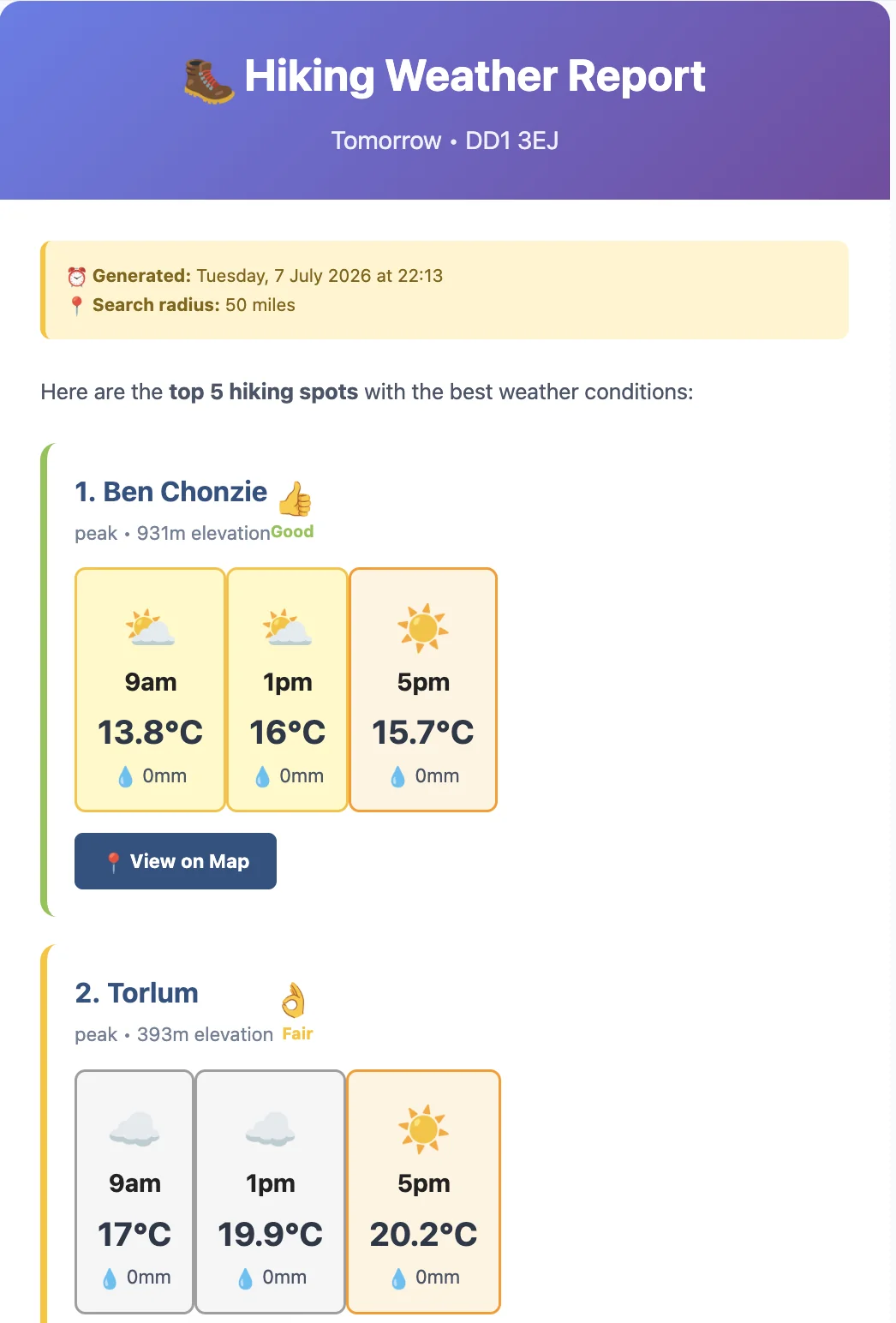 The emailed report naming the best weather spot and hikes near it