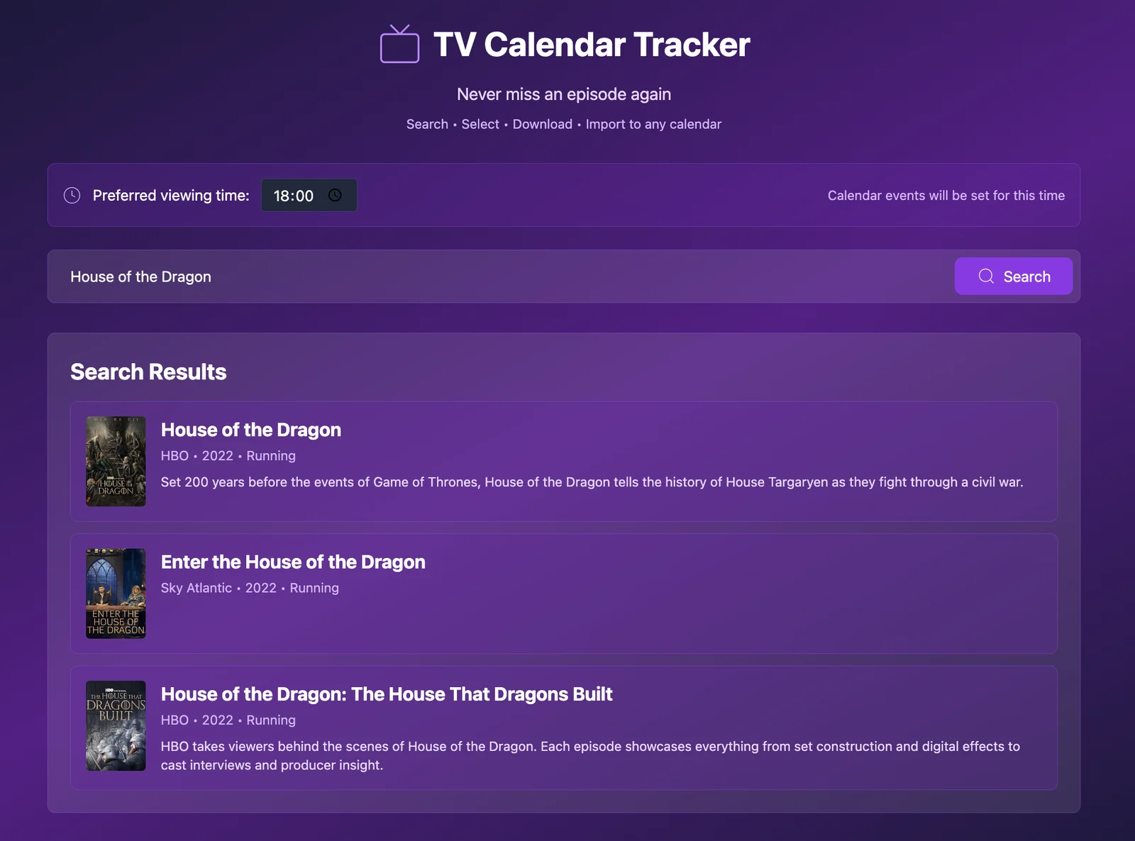 Searching for House of the Dragon in the TV Calendar Tracker
