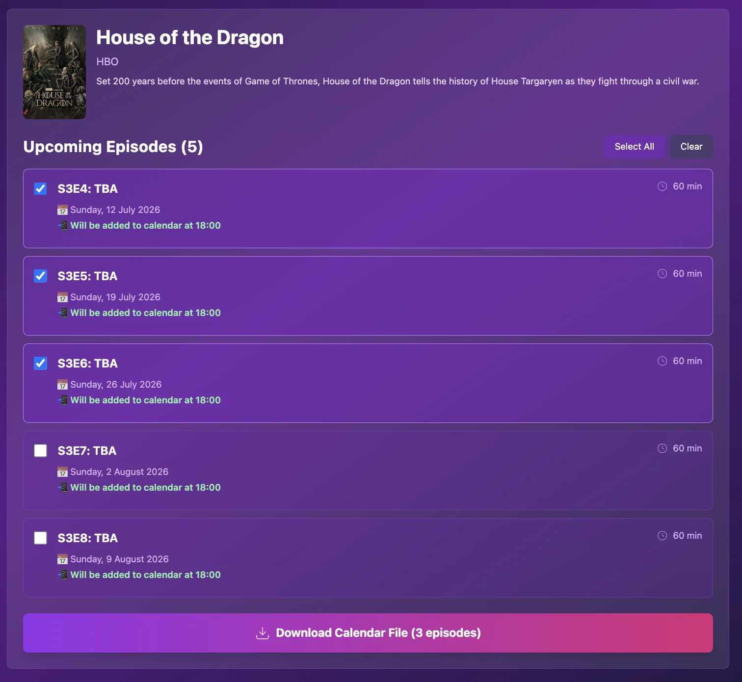 Selecting upcoming episodes and downloading the calendar file
