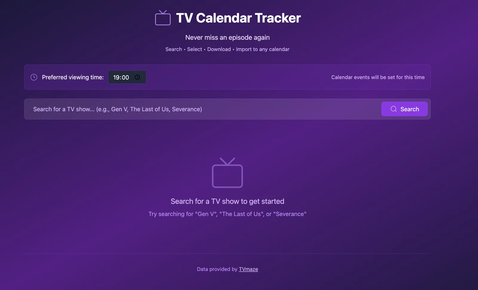 TV Calendar Tracker landing page with a search box for finding a show's upcoming episodes