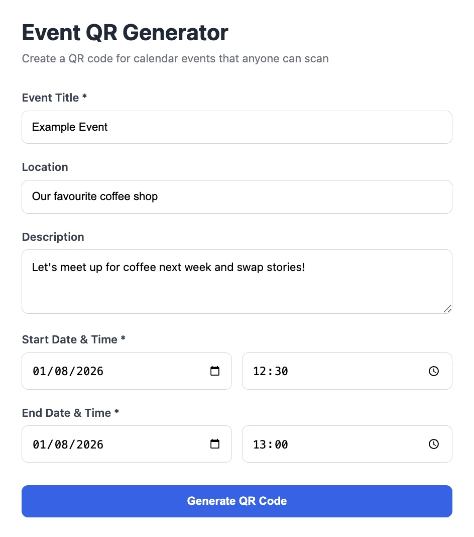 The event details form on the Universal Add Events landing page