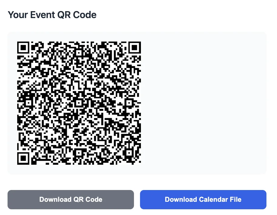 A generated QR code with download buttons for Apple, Google and Outlook calendars