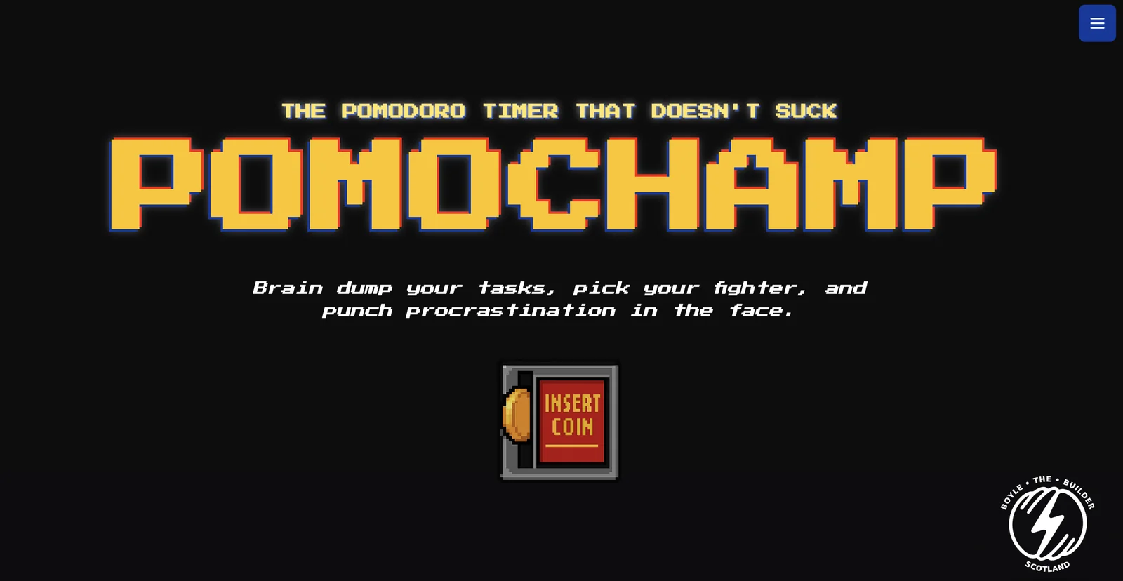 PomoChamp landing page introducing the 16-bit fighting game Pomodoro timer