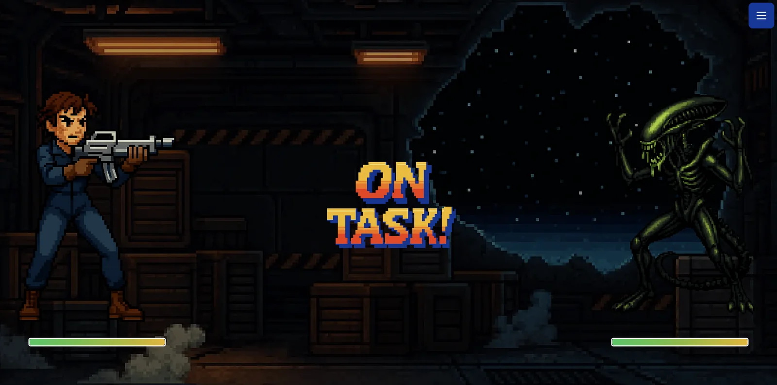 PomoChamp fight screen with two 16-bit fighters brawling while the focus timer runs